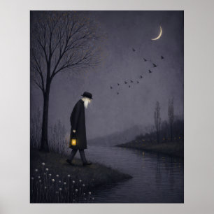 Old Man Walking Along a Silent River Poster
