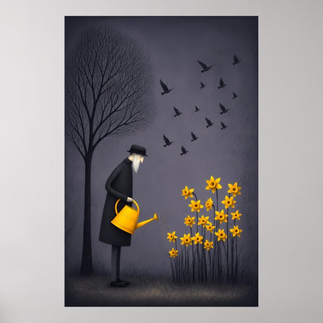 Old Man Watering Hope Beneath Silent Birds Poster (Front)