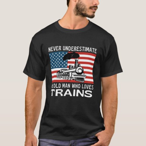 Old Man Who Loves Trains US Flag T_Shirt