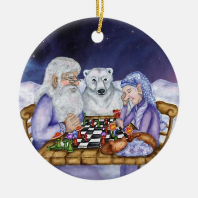 Old Man Winter and Jack Frost Play Chess Ornamnent Ceramic Ornament (Front)