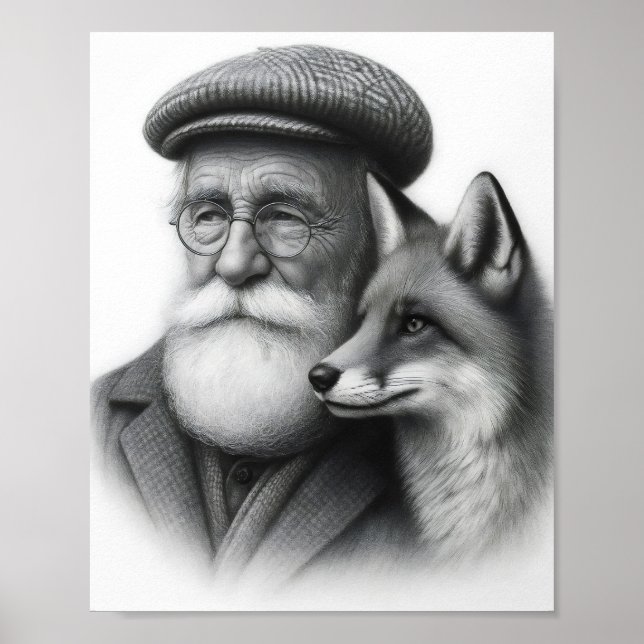 Old Man with Fox Classic Black & White Pencil Art Poster (Front)