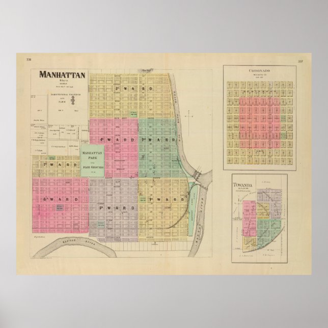 Old Manhattan KS Map (1887) Poster (Front)