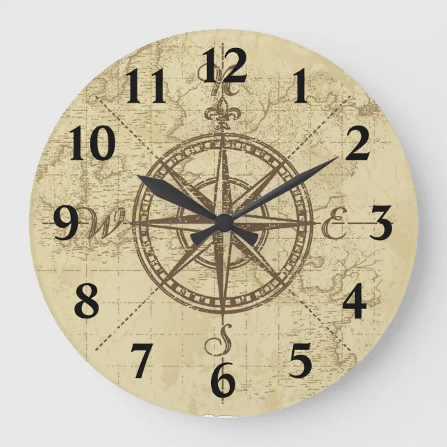 Old Map Compass Large Clock | Zazzle