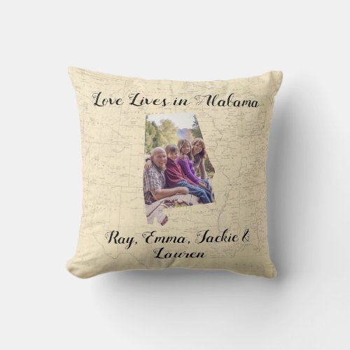 Old Map Love Lives In Alabama State Shaped Photo Throw Pillow