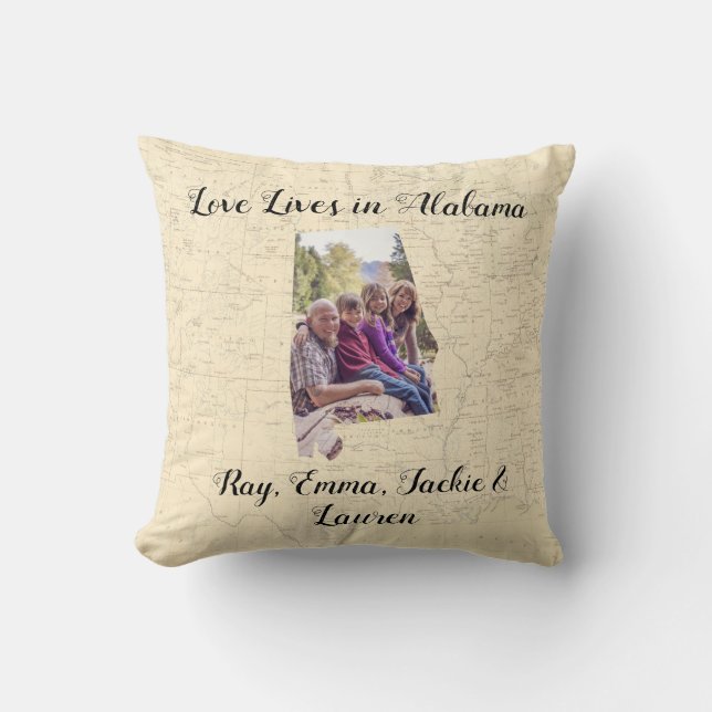 Old Map Love Lives In Alabama State Shaped Photo Throw Pillow (Front)