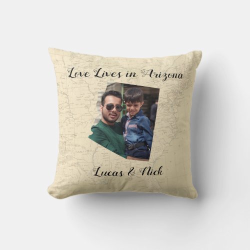Old Map Love Lives In Arizona State Shaped Photo Throw Pillow