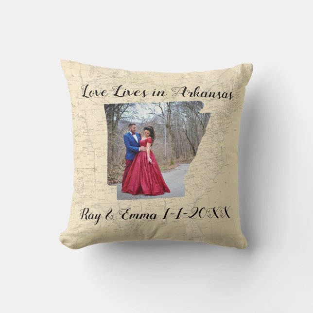 Old Map Love Lives In Arkansas State Shaped Photo Throw Pillow (Front)