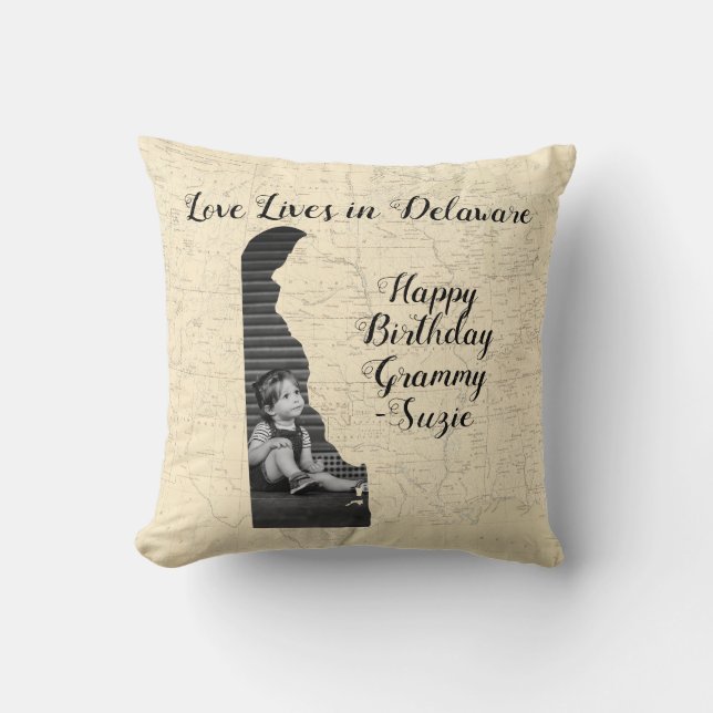 Old Map Love Lives In Delaware State Shaped Photo Throw Pillow (Front)