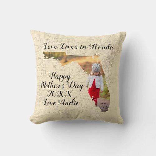 Old Map Love Lives In Florida State Shaped Photo Throw Pillow