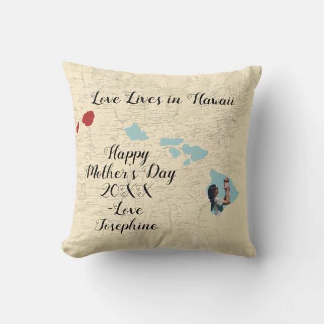 Old Map Love Lives In Hawaii State Shaped Photo Throw Pillow (Front)