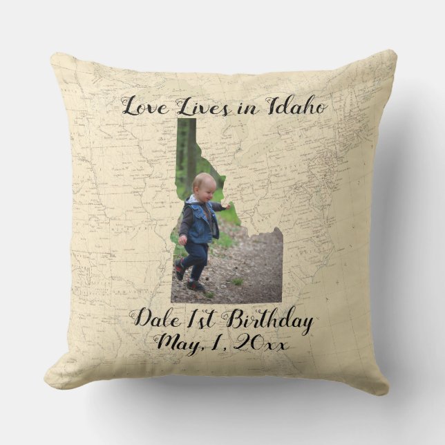 Old Map Love Lives In Idaho State Shaped Photo Throw Pillow (Front)