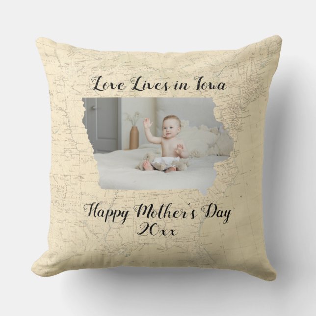 Old Map Love Lives In Iowa State Shaped Photo Throw Pillow (Front)