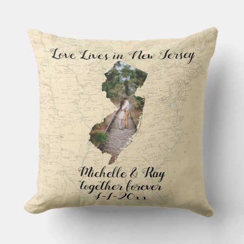 Old Map Love Lives In Jersey State Shaped Photo Throw Pillow