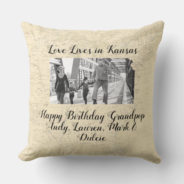 Old Map Love Lives In Kansas State Shaped Photo Throw Pillow (Front)