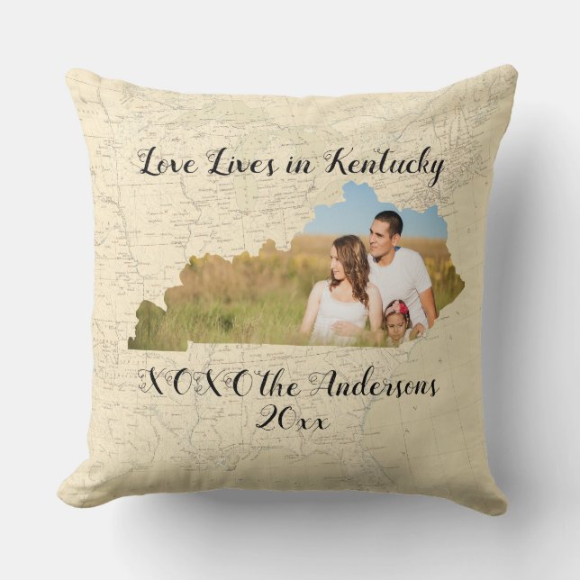 Old Map Love Lives In Kentucky State Shaped Photo Throw Pillow (Front)