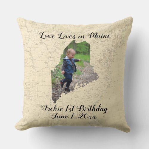 Old Map Love Lives In Maine State Shaped Photo Throw Pillow