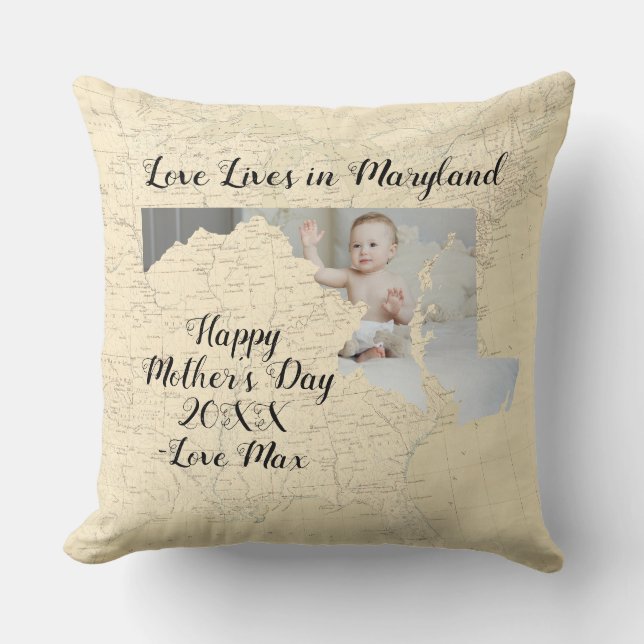 Old Map Love Lives In Maryland State Shaped Photo Throw Pillow (Front)