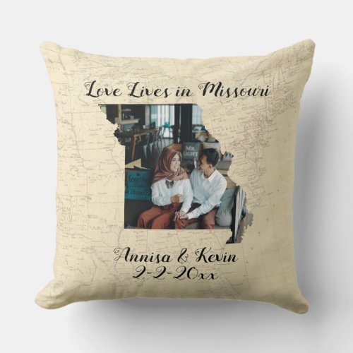Old Map Love Lives In Missouri State Shaped Photo Throw Pillow