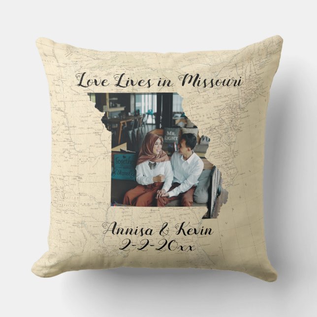 Old Map Love Lives In Missouri State Shaped Photo Throw Pillow (Front)