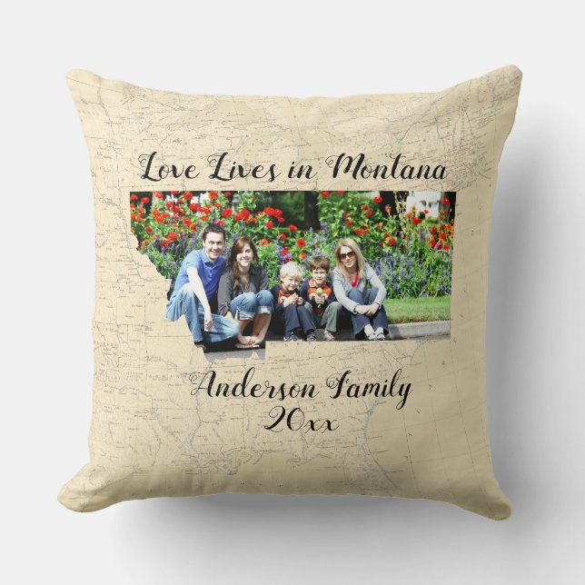 Old Map Love Lives In Montana State Shaped Photo Throw Pillow (Front)