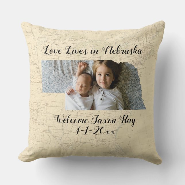 Old Map Love Lives In Nebraska State Shaped Photo Throw Pillow (Front)