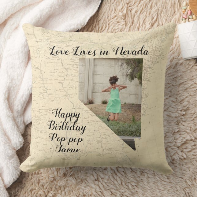 Old Map Love Lives In Nevada State Shaped Photo Throw Pillow (Blanket)