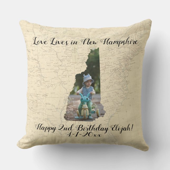 Old Map Love Lives In New Hampshire State Photo Throw Pillow (Front)
