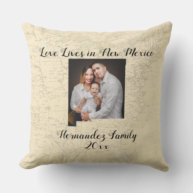 Old Map Love Lives In New Mexico State Photo Throw Pillow (Front)