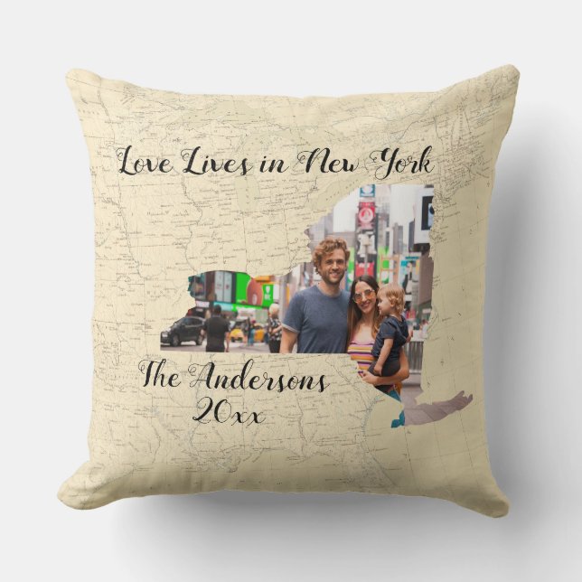 Old Map Love Lives In New York State Shaped Photo Throw Pillow (Front)