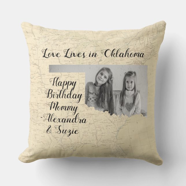 Old Map Love Lives In Oklahoma State Shaped Photo Throw Pillow (Front)
