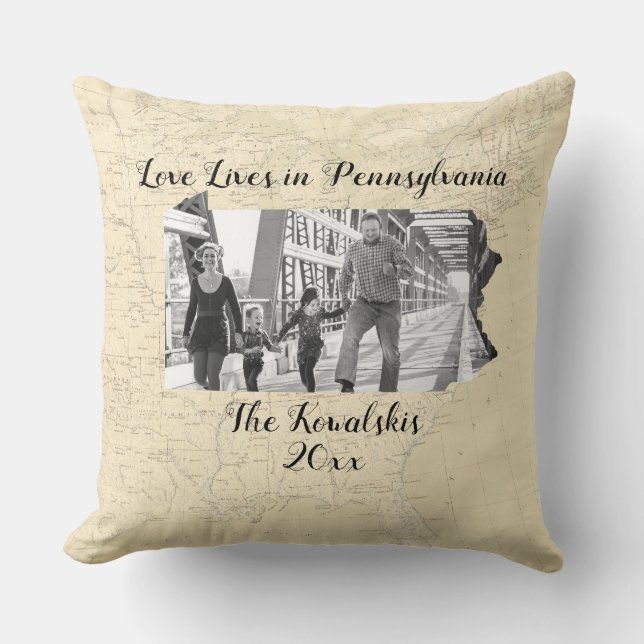 Old Map Love Lives In Pennsylvania State Photo Throw Pillow (Front)
