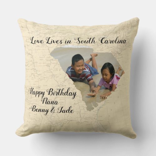 Old Map Love Lives In South Carolina State Photo Throw Pillow