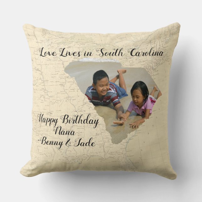 Old Map Love Lives In South Carolina State Photo Throw Pillow (Front)