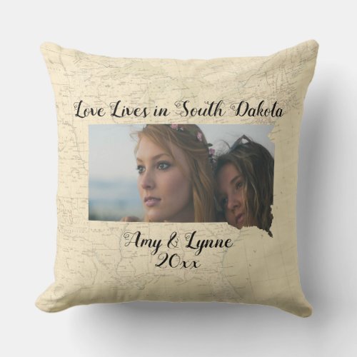 Old Map Love Lives In South Dakota State Photo Throw Pillow