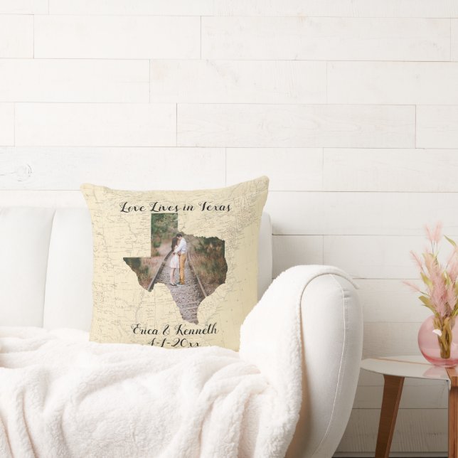 Old Map Love Lives In Texas State Shaped Photo Throw Pillow (Couch)