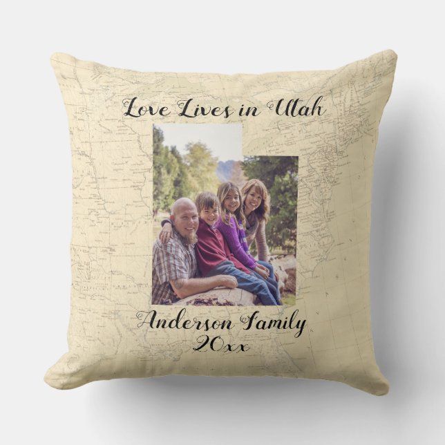 Old Map Love Lives In Utah State Shaped Photo Throw Pillow (Front)