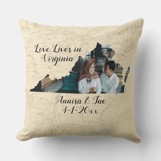 Old Map Love Lives In Virginia State Shaped Photo Throw Pillow (Front)
