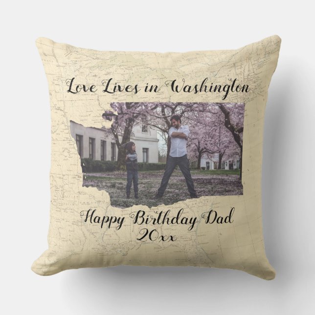 Old Map Love Lives In Washington State Photo Throw Pillow (Front)