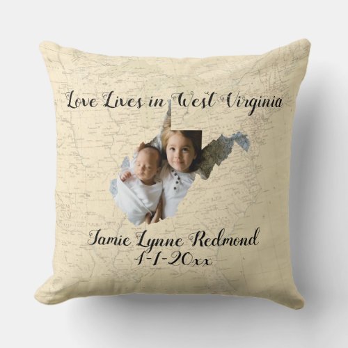 Old Map Love Lives In West Virginia State Photo Throw Pillow