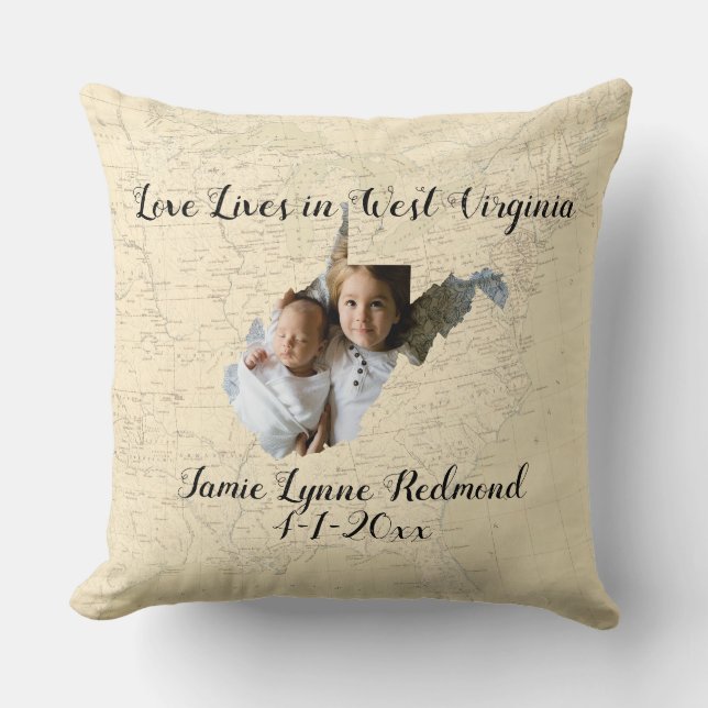 Old Map Love Lives In West Virginia State Photo Throw Pillow (Front)
