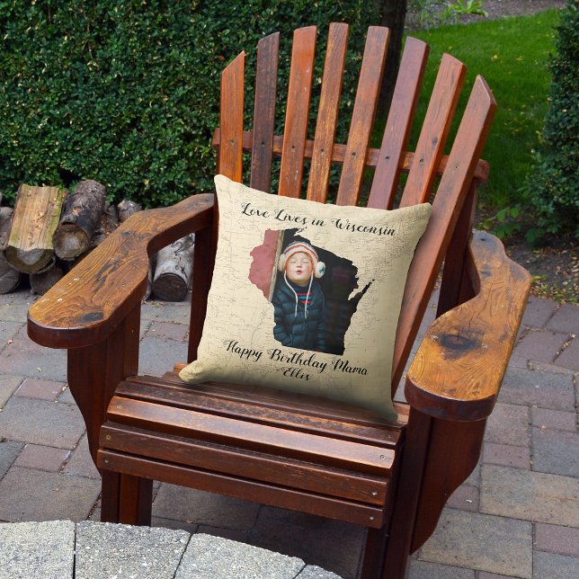 Old Map Love Lives In Wisconsin State Shaped Photo Throw Pillow (Creator Uploaded)