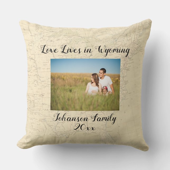Old Map Love Lives In Wyoming State Shaped Photo Throw Pillow (Front)