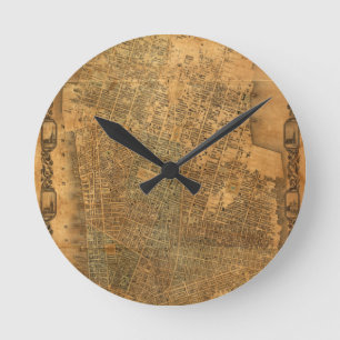 Old Map of New York City in 1852 Round Clock