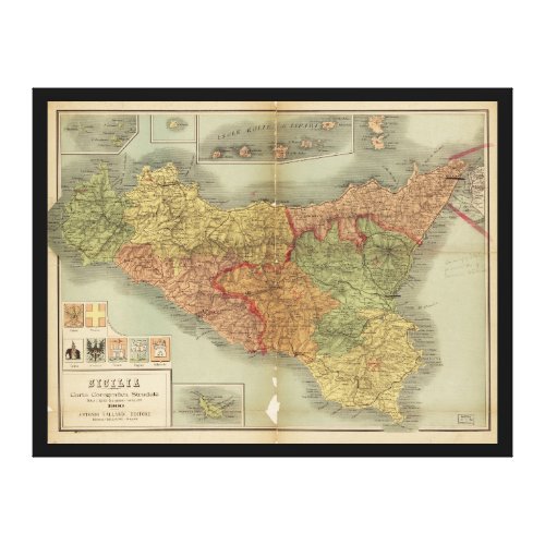 Old Map of Sicily from 1900 Sicilia carta Canvas Print