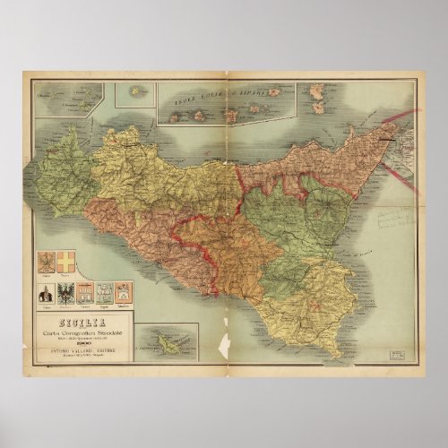 Old Map of Sicily from 1900 Sicilia carta Poster