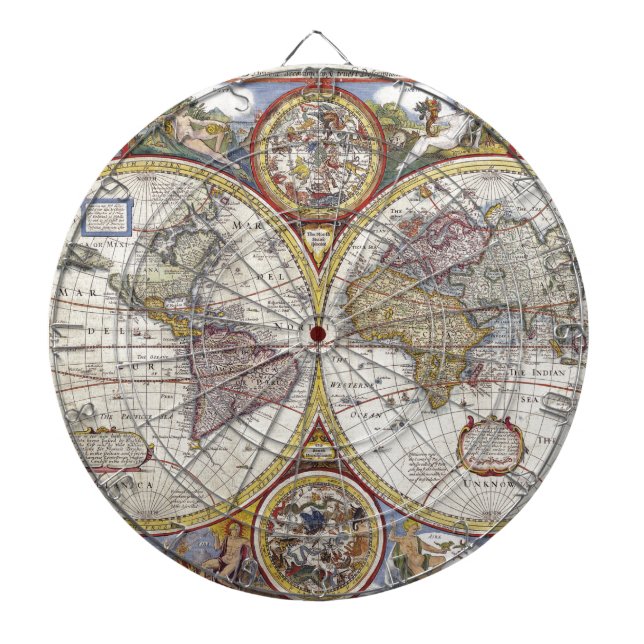Old Map of the World Dartboard With Darts (Front)