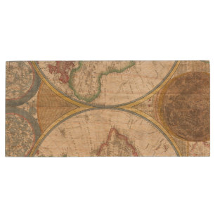 Old Map of the World Wood Flash Drive