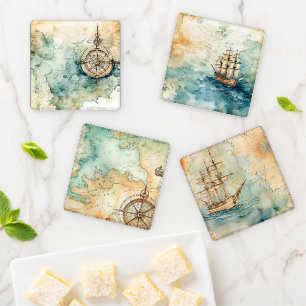 Old Map Vintage Nautical Style Coaster Set