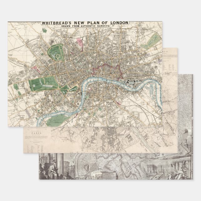 Old Maps London Paris Rome Great Cities  Wrapping Paper Sheets (Set)