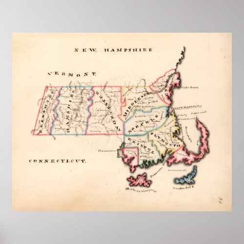 Old Massachusetts Map 1819 The Bay State Poster